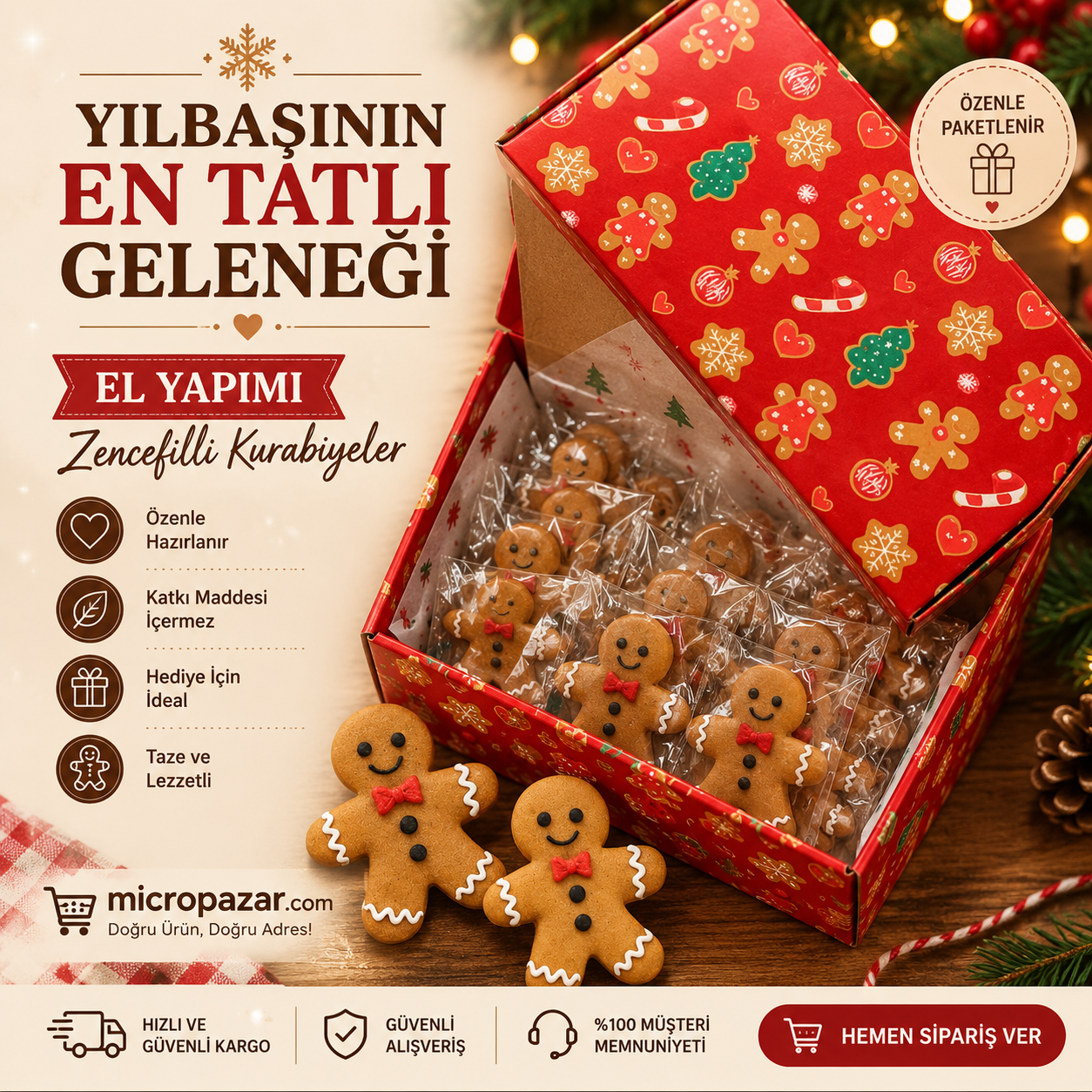 Adam Kurabiye 30 Adet | El Yapımı Gingerbread Zencefilli Tarçınlı Yeni Yıl Kurabiyesi | Tek Tek Paketli Özel Kutusunda