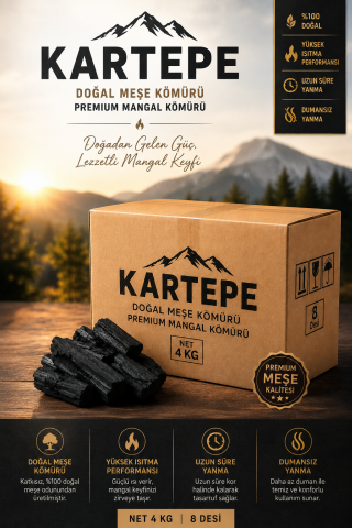 Kartepe Doğal Meşe Odunu Premium Mangal Kömürü 4 KG | Yüksek Isı & Uzun Süreli Kor | Mangal Barbekü Kömürü