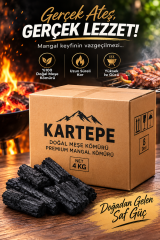 Kartepe Doğal Meşe Odunu Premium Mangal Kömürü 4 KG | Yüksek Isı & Uzun Süreli Kor | Mangal Barbekü Kömürü