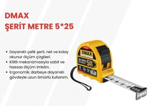 DMAX Profesyonel Çelik Şerit Metre 5 Metre x 25 mm Kilit Sistemli Dayanıklı Ölçüm Metresi