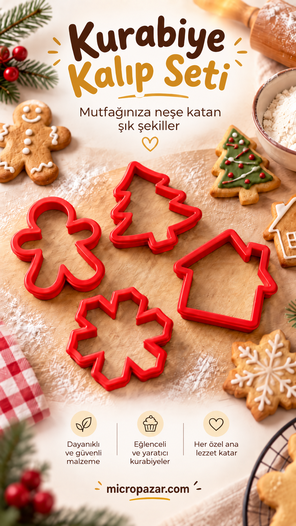 Kırmızı Kurabiye Kalıbı Seti 4’lü – 7,5 cm Yılbaşı Temalı Çam Ağacı, Ev, Kurabiye Adam ve Kar Tanesi