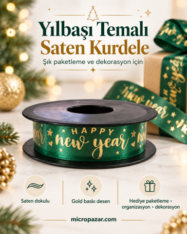 Baskılı Saten Kurdele – Yeşil “Happy New Year” Desenli 2,5 cm x 20 m