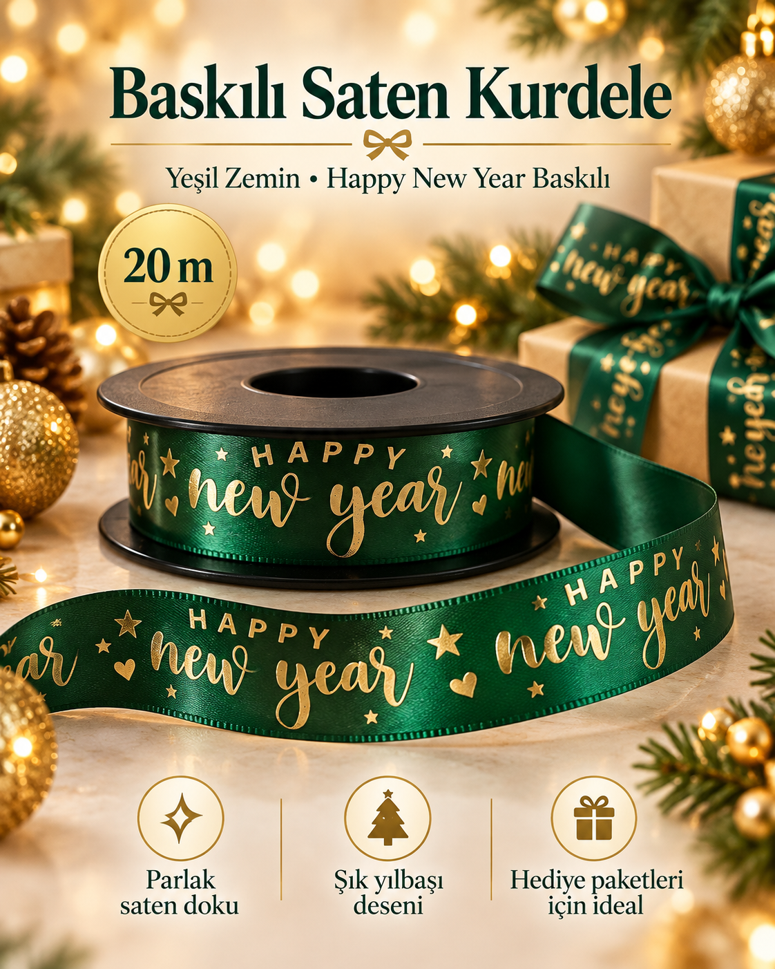Baskılı Saten Kurdele – Yeşil “Happy New Year” Desenli 2,5 cm x 20 m