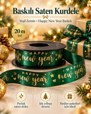 Baskılı Saten Kurdele – Yeşil “Happy New Year” Desenli 2,5 cm x 20 m