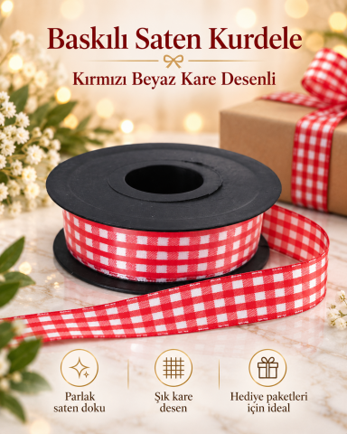 Baskılı Saten Kurdele – Kırmızı Beyaz Kare Desenli 2,5 cm x 20 m