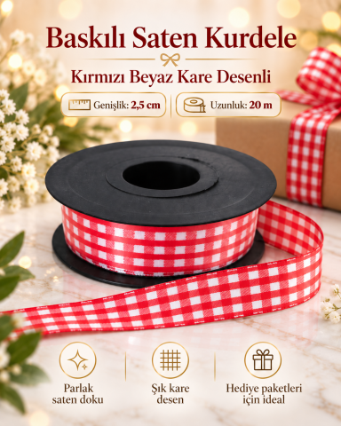 Baskılı Saten Kurdele – Kırmızı Beyaz Kare Desenli 2,5 cm x 20 m