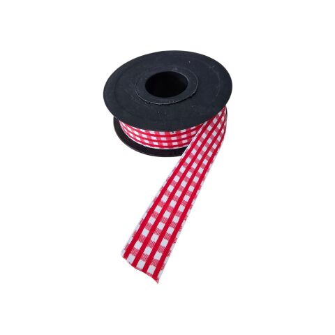 Baskılı Saten Kurdele – Kırmızı Beyaz Kare Desenli 2,5 cm x 20 m