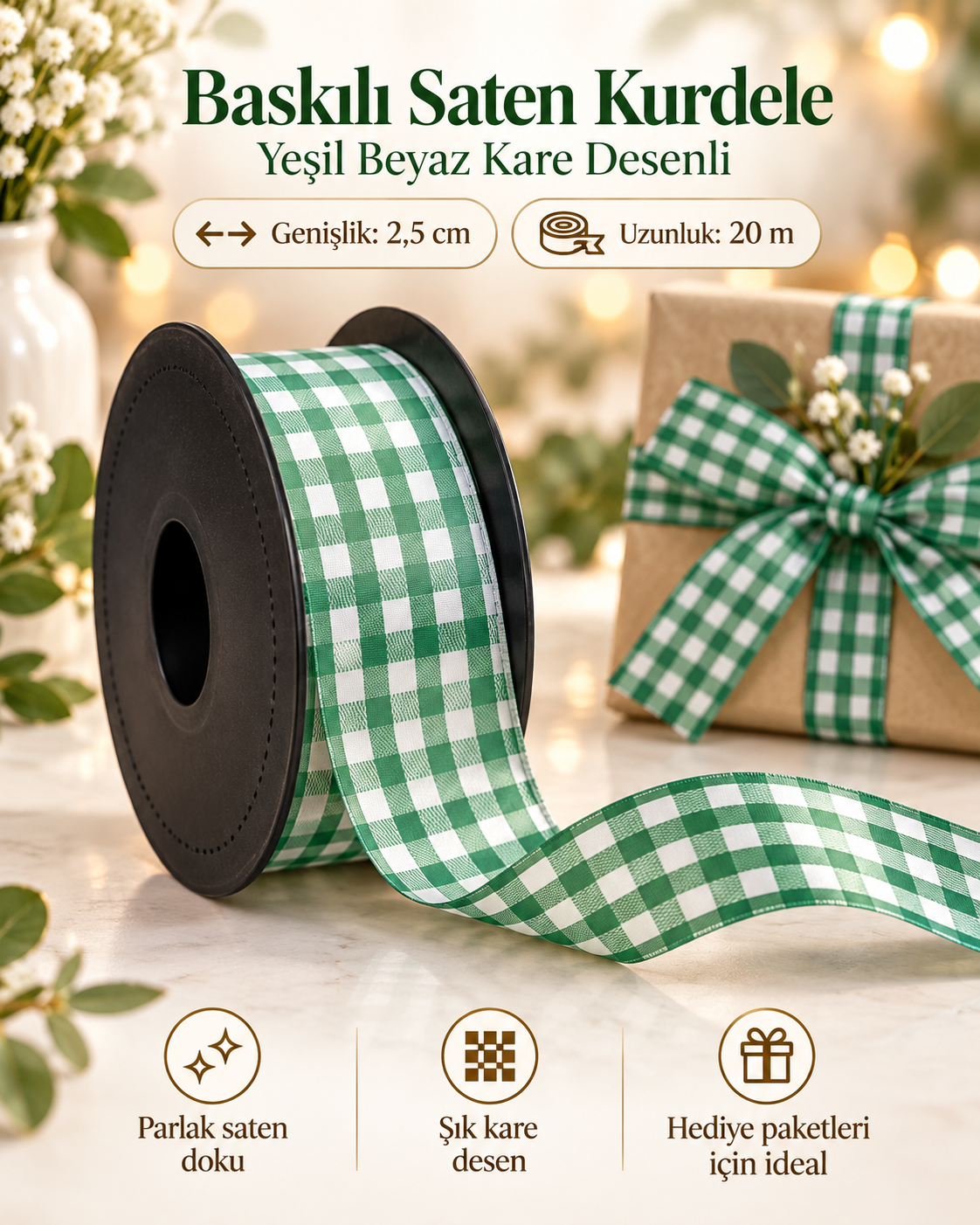 Baskılı Saten Kurdele – Yeşil Beyaz Kare Desenli 2,5 cm x 20 m