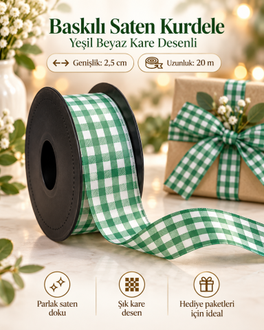 Baskılı Saten Kurdele – Yeşil Beyaz Kare Desenli 2,5 cm x 20 m