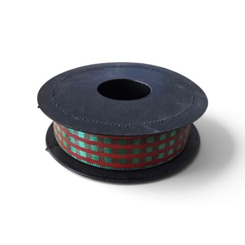 Baskılı Saten Kurdele – Kırmızı Yeşil Kare Desenli 2,5 cm x 20 m