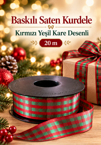 Baskılı Saten Kurdele – Kırmızı Yeşil Kare Desenli 2,5 cm x 20 m