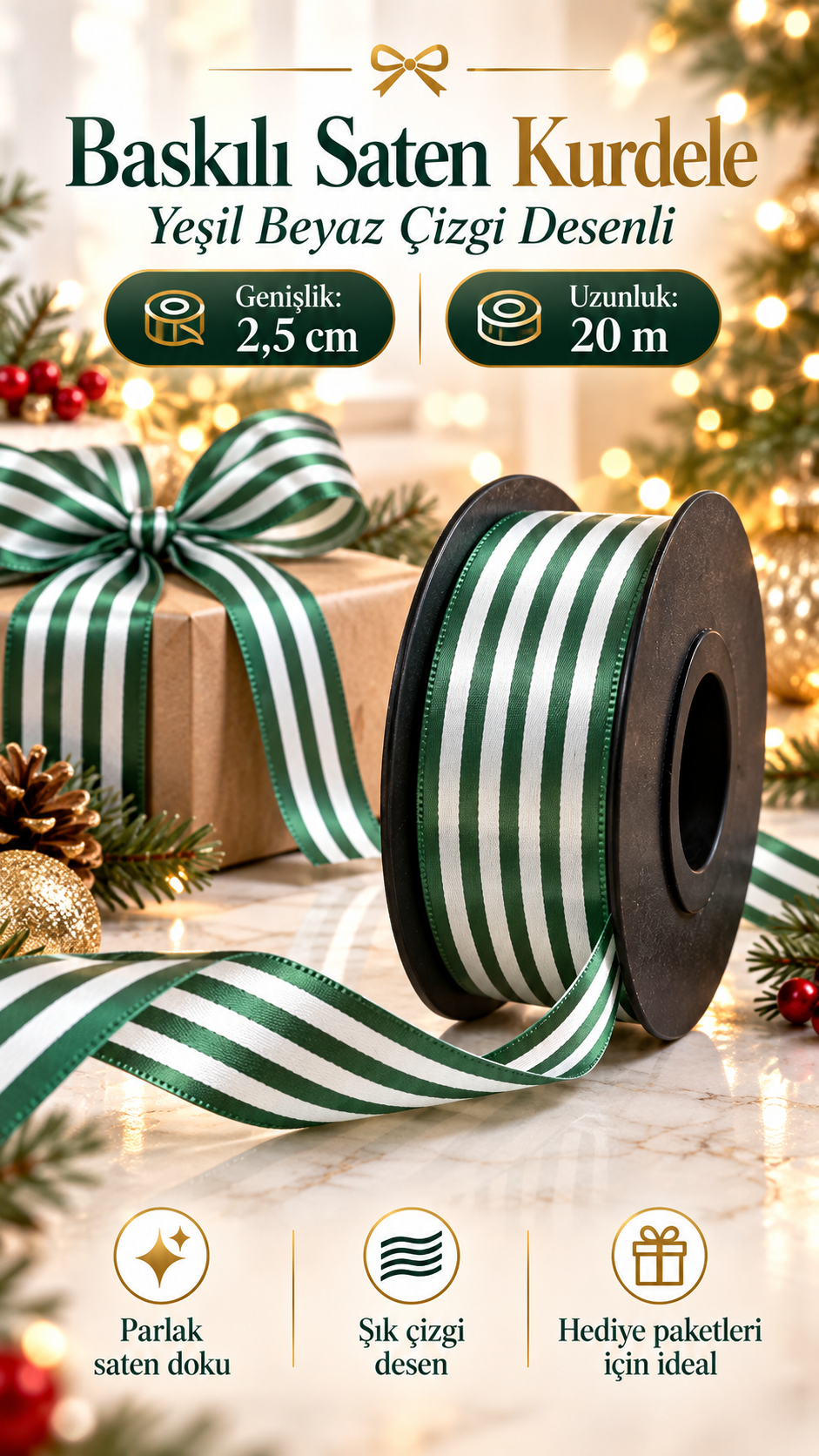 Baskılı Saten Kurdele – Yeşil Beyaz Çizgili 2,5 cm x 20 m