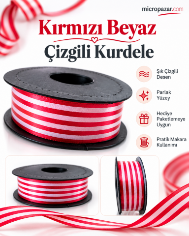 Kırmızı Beyaz Şerit Desenli Saten Kurdele 2,5 cm x 20 m