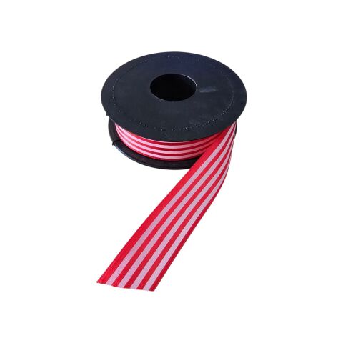 Kırmızı Beyaz Şerit Desenli Saten Kurdele 2,5 cm x 20 m