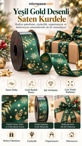 Yeşil Gold Çam Ağacı, Kar Tanesi, Kardan Adam ve Yıldız Desenli Saten Kurdele 2,5 cm x 20 m