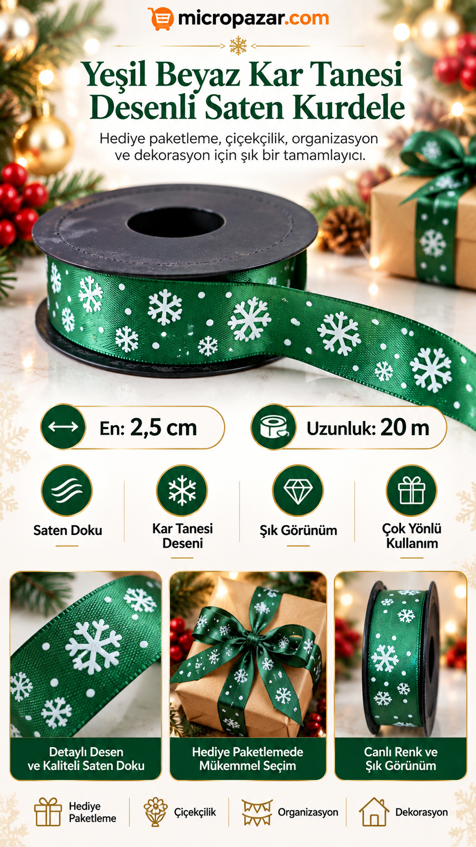 Yeşil Beyaz Kar Tanesi ve Nokta Desenli Saten Kurdele 2,5 cm x 20 m