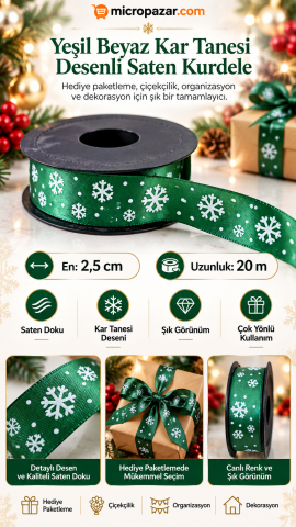 Yeşil Beyaz Kar Tanesi ve Nokta Desenli Saten Kurdele 2,5 cm x 20 m