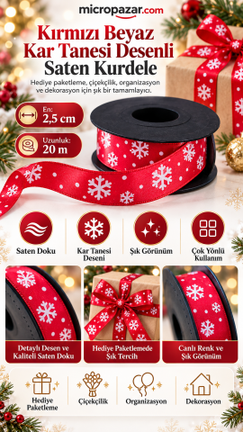 Kırmızı Beyaz Kar Tanesi Desenli Saten Kurdele 2,5 cm x 20 m
