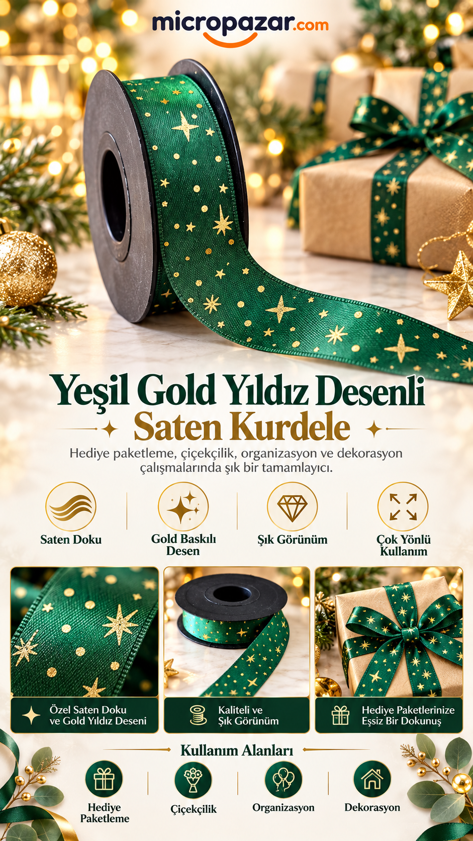Yeşil Gold Yıldız Desenli Saten Kurdele 2,5 cm x 20 m