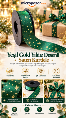 Yeşil Gold Yıldız Desenli Saten Kurdele 2,5 cm x 20 m