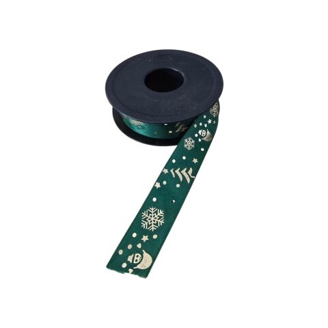 Yeşil Gold Yılbaşı Temalı Kar Tanesi Kardan Adam Çam Ağacı Yıldız ve Nokta Desenli Saten Kurdele 2,5 cm x 20 m
