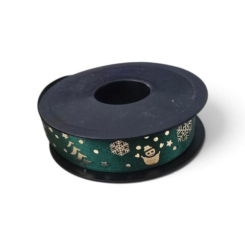 Yeşil Gold Yılbaşı Temalı Kar Tanesi Kardan Adam Çam Ağacı Yıldız ve Nokta Desenli Saten Kurdele 2,5 cm x 20 m