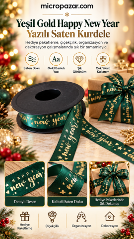 Yeşil Gold “Happy New Year” Yazılı Yıldız ve Kalp Desenli Saten Kurdele 2,5 cm x 20 m