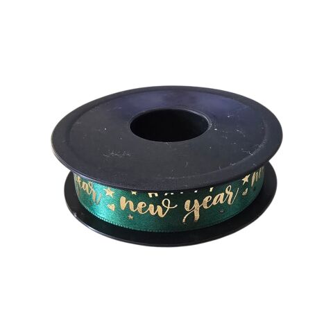 Yeşil Gold “Happy New Year” Yazılı Yıldız ve Kalp Desenli Saten Kurdele 2,5 cm x 20 m