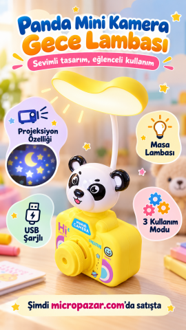 Panda Figürlü Kamera Tasarımlı Projeksiyonlu Gece Lambası – USB Şarjlı Masa Lambası
