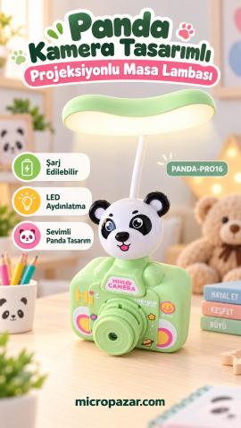 Panda Kamera Tasarımlı Projeksiyonlu Masa Lambası – Mint Yeşil, Şarj Edilebilir LED Gece Lambası