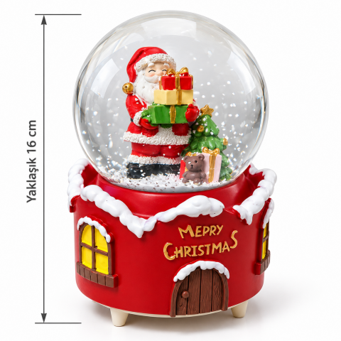 Noel Baba Figürlü Işıklı Müzikli Kar Püskürtmeli Yılbaşı Kar Küresi – 16 cm