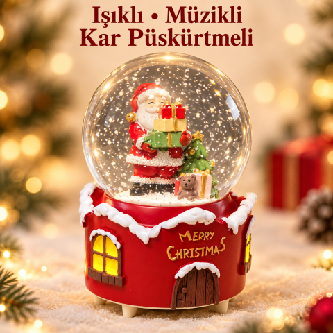 Noel Baba Figürlü Işıklı Müzikli Kar Püskürtmeli Yılbaşı Kar Küresi – 16 cm